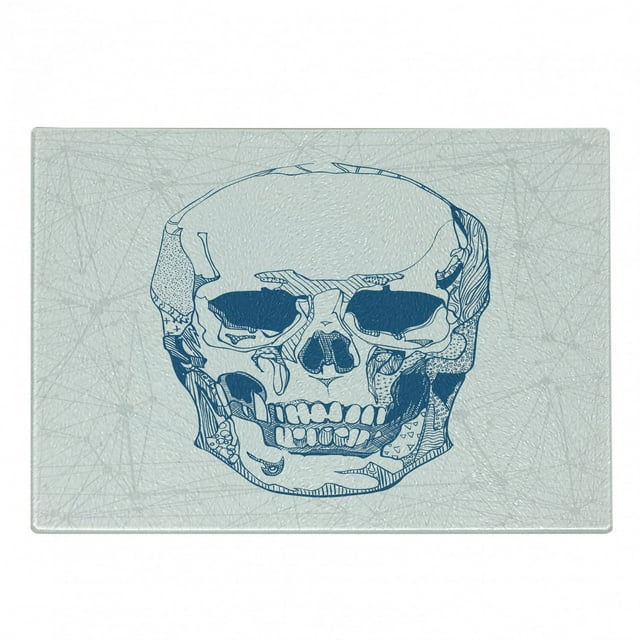 Skull Cutting Board, Hand Drawn Human Skull with Science Elements Background Theme Illustration, Decorative Tempered Glass Cutting and Serving Board, Small Size, Blue White, by Ambesonne