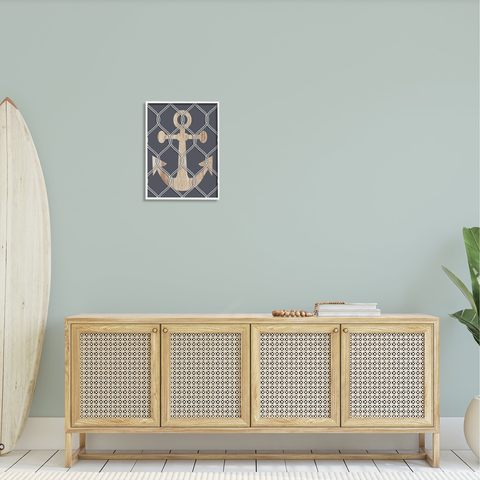 Stupell Nautical Anchor Linked Rope Landscape Painting White Framed Art Print Wall Art
