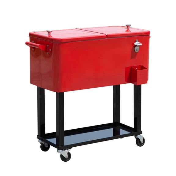 80 QT Rolling Cooling Bins Ice Chest on Wheels Outdoor Stand Up Drink Cooler Cart for Party, Red
