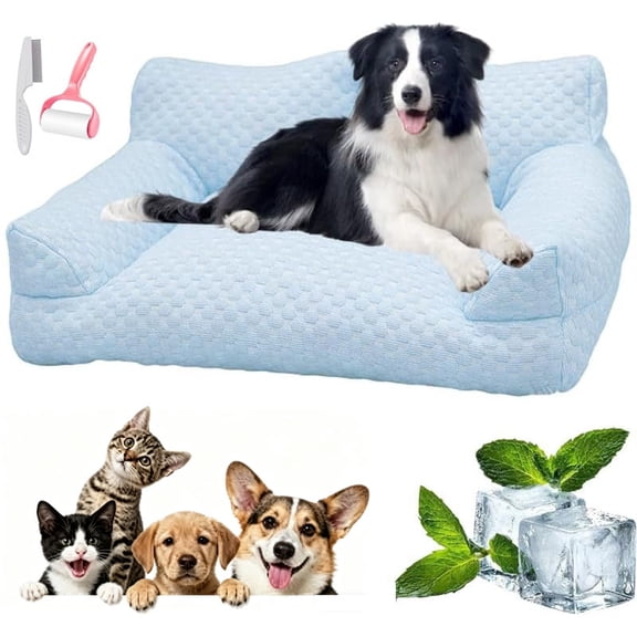 Dog Cooling Sofa Bed, Orthopedic Bolster Dog Sofa Bed, Breathable Sleeping Couch Pet Bed, Waterproof Lining and Nonskid Bottom, for Large Small Dogs & Cats (Blue, S-21.65 * 15.74 * 9.84 in)