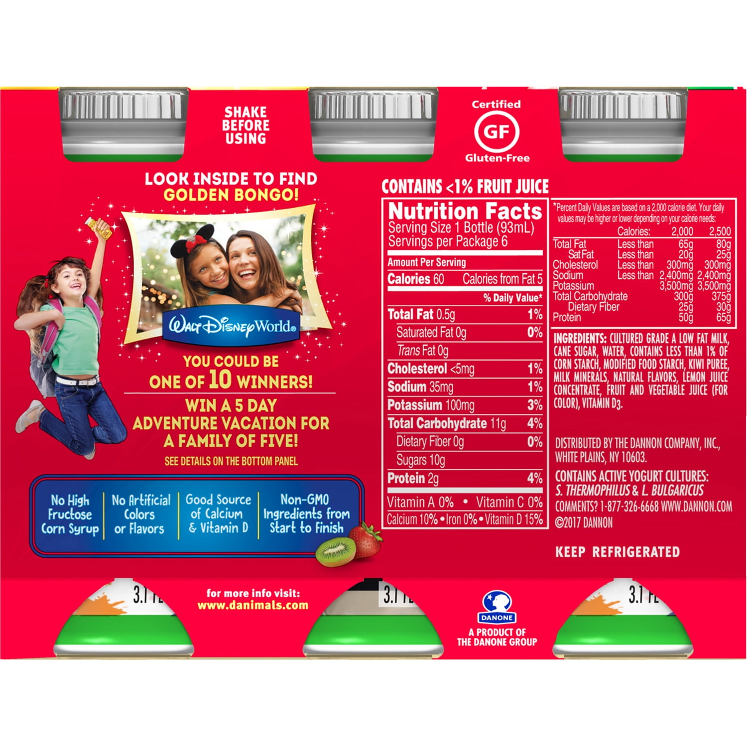 Dannon, Danimals Smoothie Yogurt, Low Fat, Strawberry Kiwi Flavor, 3.1fl oz, 6 Count, Plastic Cup
