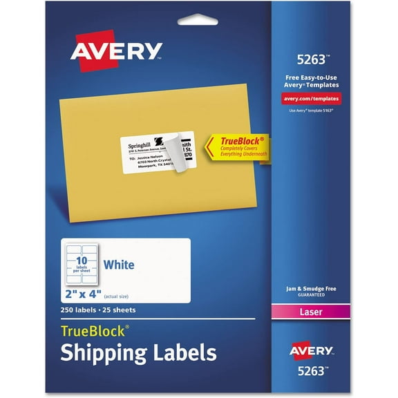 Avery 5263 Laser Labels, Mailing, Permanent, 2-Inch X4-Inch, 250/Pk, White