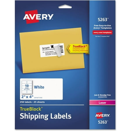 Avery 5263 Laser Labels, Mailing, Permanent, 2-Inch X4-Inch, 250/Pk, White