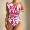 thumbnail image 2 of Women's Tankini Swimsuits Ruffled Off Shoulder Print Conservative and Slimming Women's Swimwear Hot Pink, 2 of 4