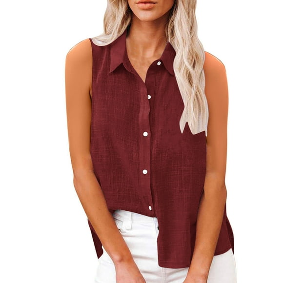 ohmzyzo Women's Sleeveless Button Down Shirts Cotton Linen Collared Tanks Tops Oversized Work Casual Summer Shirts Blouses