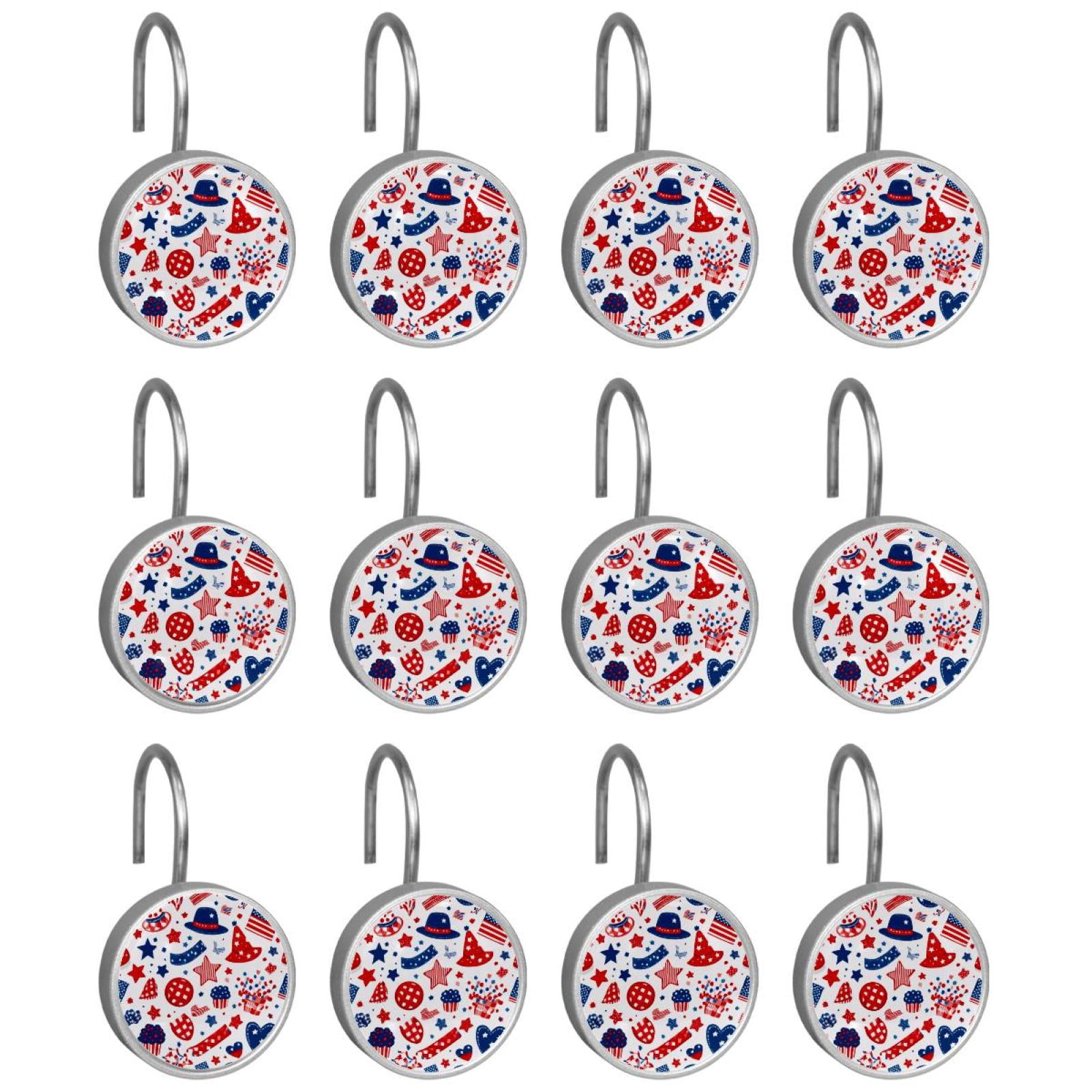 12pcs Decorative Shower Curtain Hooks, Rust Resistant Shower Rings for Bathroom Living Room,Rustproof Stainless Steel Rings for Shower Curtain and Liner Rods,4th of July Hats