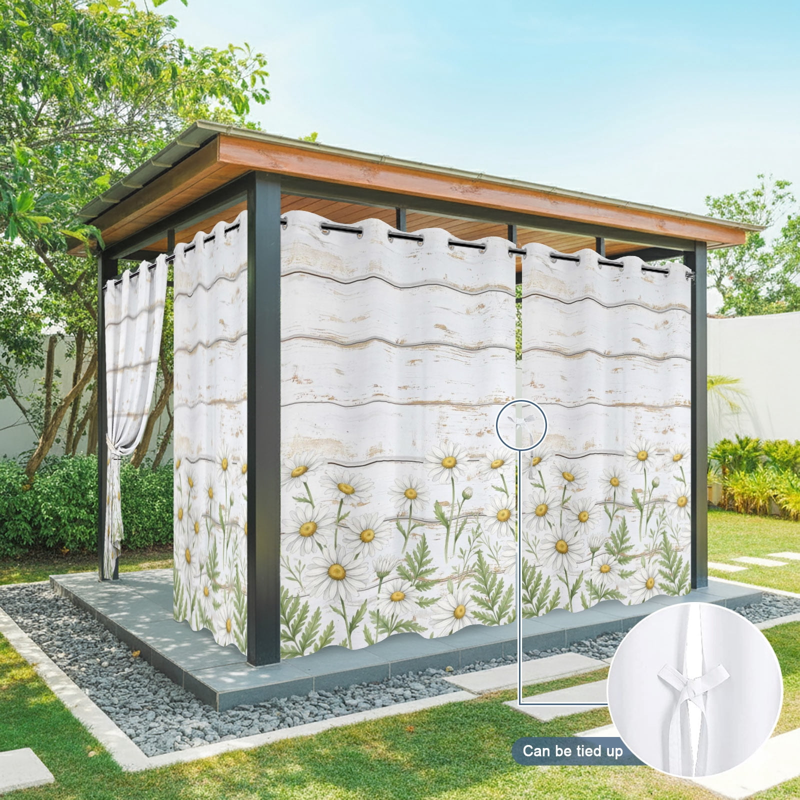 Spring Daisy Outdoor Curtains for Patio, Rustic Wildflower White Wood Striped Botanical Sunshade Privacy Drapes Grommet Waterproof Outside Curtains for Porch/Cabana/Balcony 54"x 108", 1 Panel