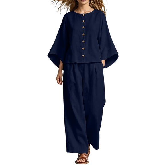 Naotn Women's 2 Piece Fall Outfits Crewneck Flowy Long Sleeve Shirts & Wide Leg Pants Casual Holiday Matching Sets