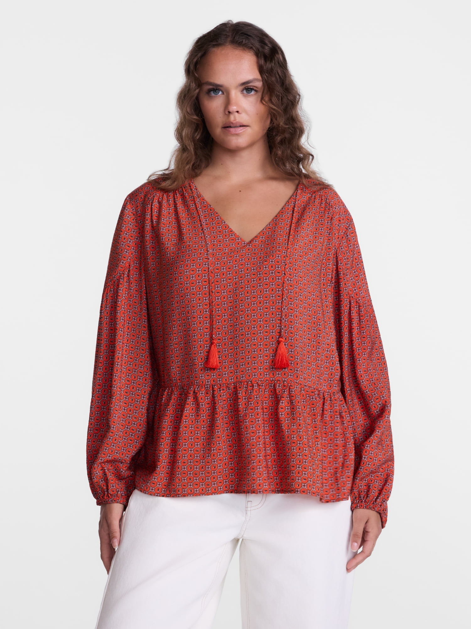 Scenario Women's and Women's Plus Gathered Yoke Blouse with Long Sleeves, Sizes XS-4X