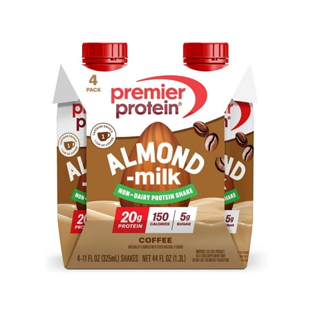 Premier Protein Almondmilk Non-Dairy Protein Shake, 20g Protein, 5g Sugar, 11 Fl oz, Coffee, 4 Count