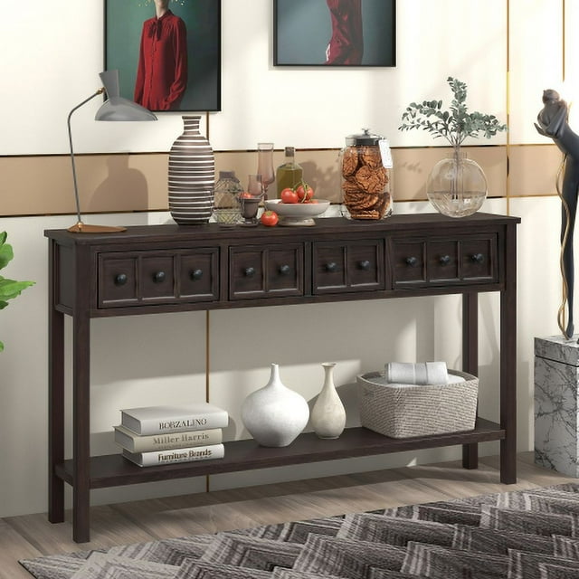 60" Solid Wood Console Table Sofa Table with 4 Drawers and 1 Bottom Shelf for Entryway Hallway Foyer Sofa , Espresso