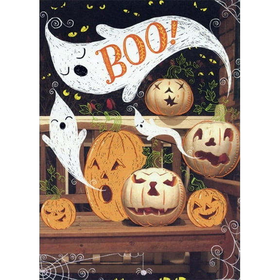 Designer Greetings Ghosts Flying Around Pumpkins on Wooden Bench Halloween Card