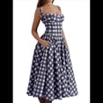 thumbnail image 1 of Vestido Elegante con Corsé para Mujer, Vestido Midi con Tirantes, Escote Bajo, Plisado y Fluido, Vestido de Fiesta con Bustier. Cuadros Azules M, 1 of 7