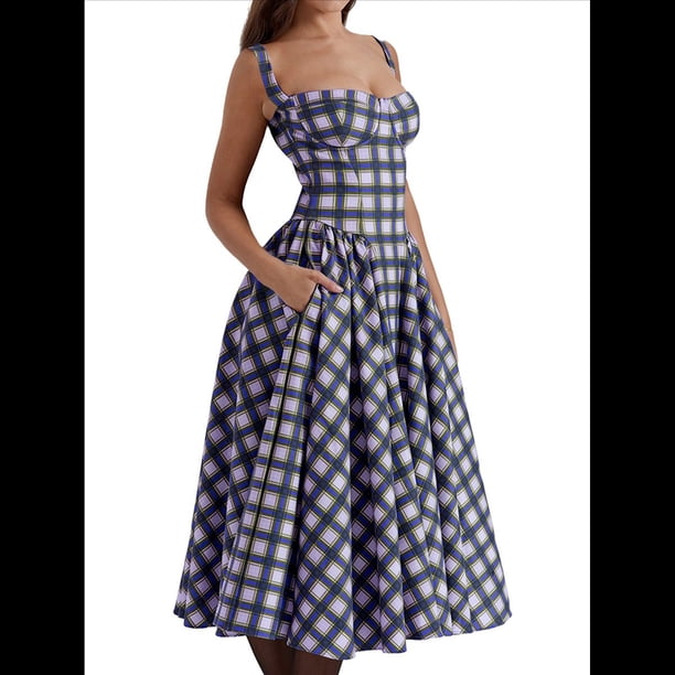 Vestido Elegante con Corsé para Mujer, Vestido Midi con Tirantes, Escote Bajo, Plisado y Fluido, Vestido de Fiesta con Bustier. Cuadros Azules S