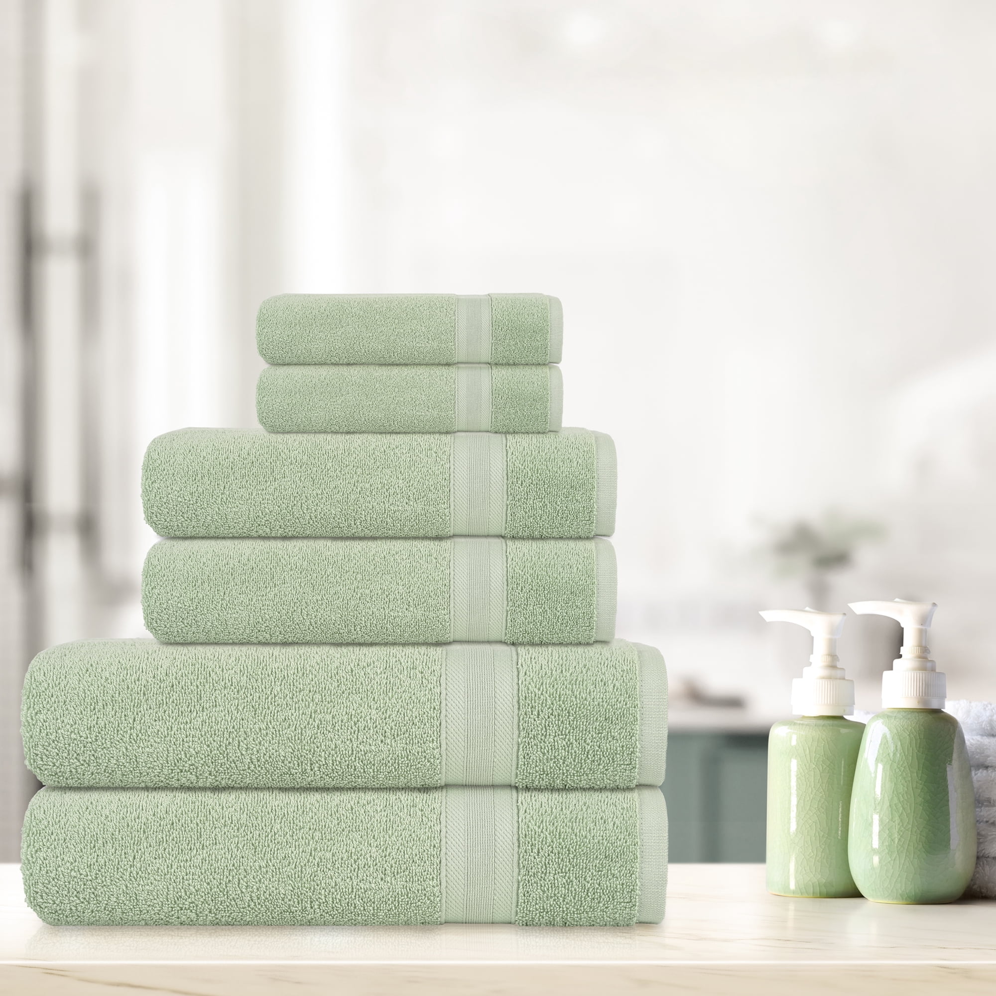 Quick-Dry, Soft & High Absorbent Bath Towels Cotton Turkish Bath Towel Set of 6 | Daily Use 100% Cotton Towels for Bathroom, Gym & More | Bathroom Towels Set (6 Pcs, Green)