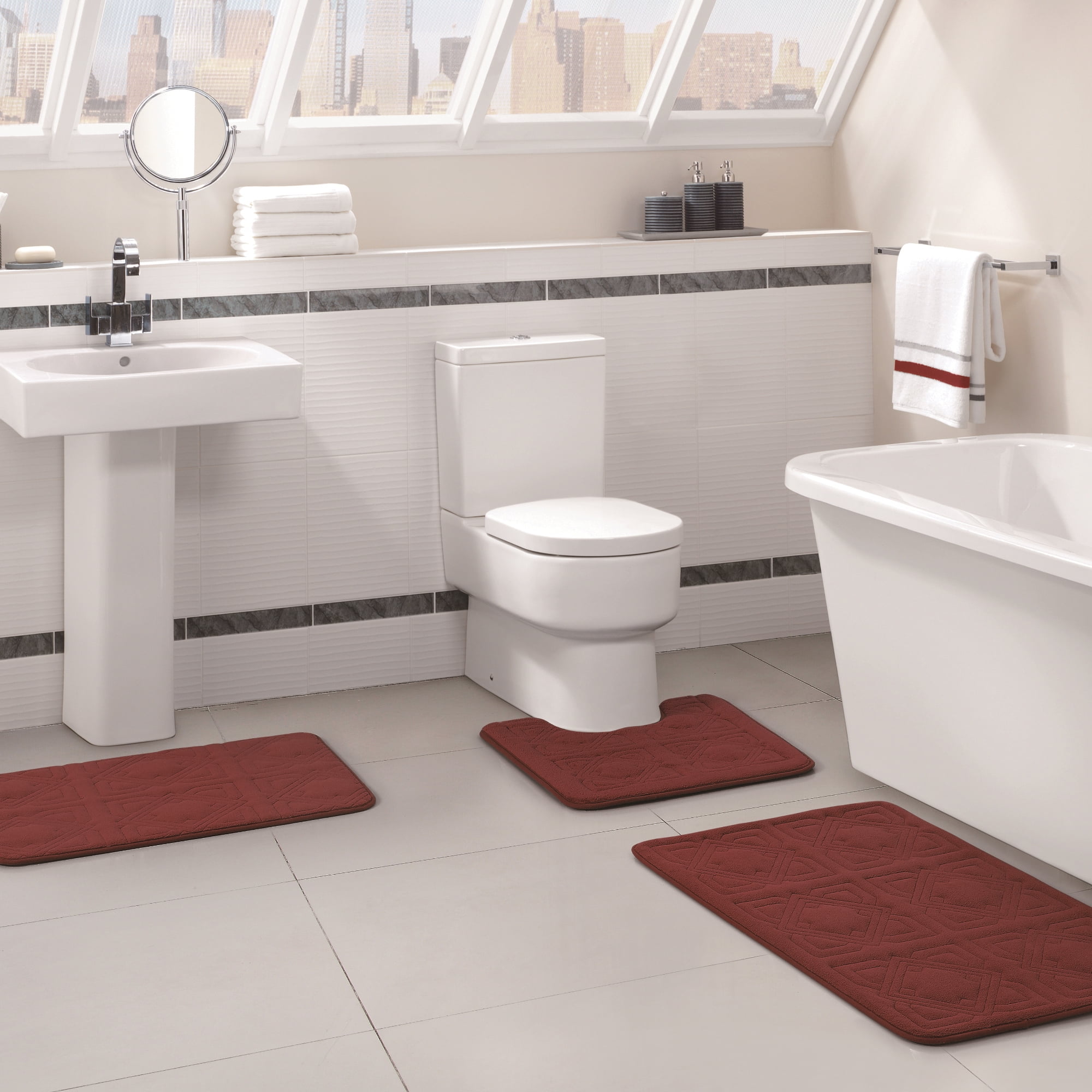 Geometric 3 Pc Thick Wave High Pile Bathroom Set Rug Toilet Lid Cover Burgundy 