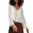 thumbnail image 2 of Women Tie Front Long Sleeve Top Lace Trim Button Shirt Square Neck Loose Blouse Going Out Y2k Clothes White L, 2 of 9