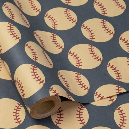 RUSPEPA Baseball Wrapping PresNok Paper Roll for Men Boys Mini Roll, Vintage Sports Baseball Theme Design Navy Kraft Gift Wrap Paper for Birthday, Game Day, Sports Party, 17 Inches x 16.4 Feet