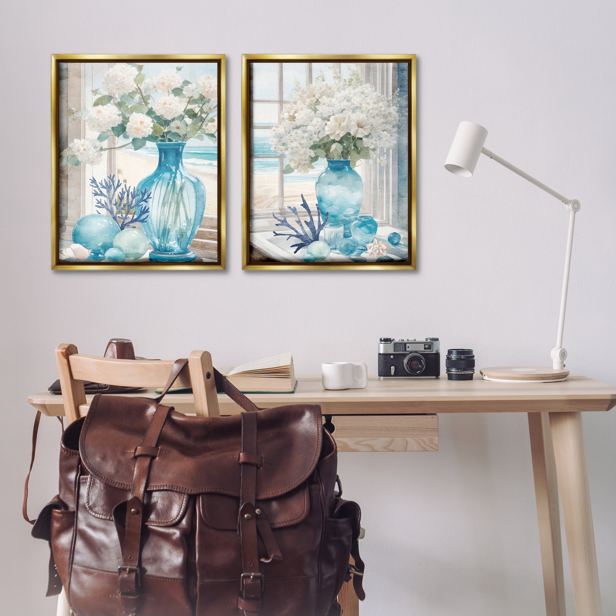 Stupell Industries Sea Glass Coral Beach Bouquet Plants & Flowers Painting Gold Floater Framed Canvas Art Print Wall Art, 31 x 25, Set of 2