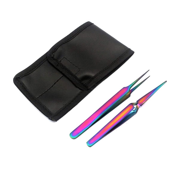 OdontoMed2011® Set of 2 Stainless Steel Multi Titanium Rainbow Color 3d Eyelash Extension Tweezers a Type Straight   x Type Self Retracting Straight Fine Point Jewelry-making, Laboratory Work