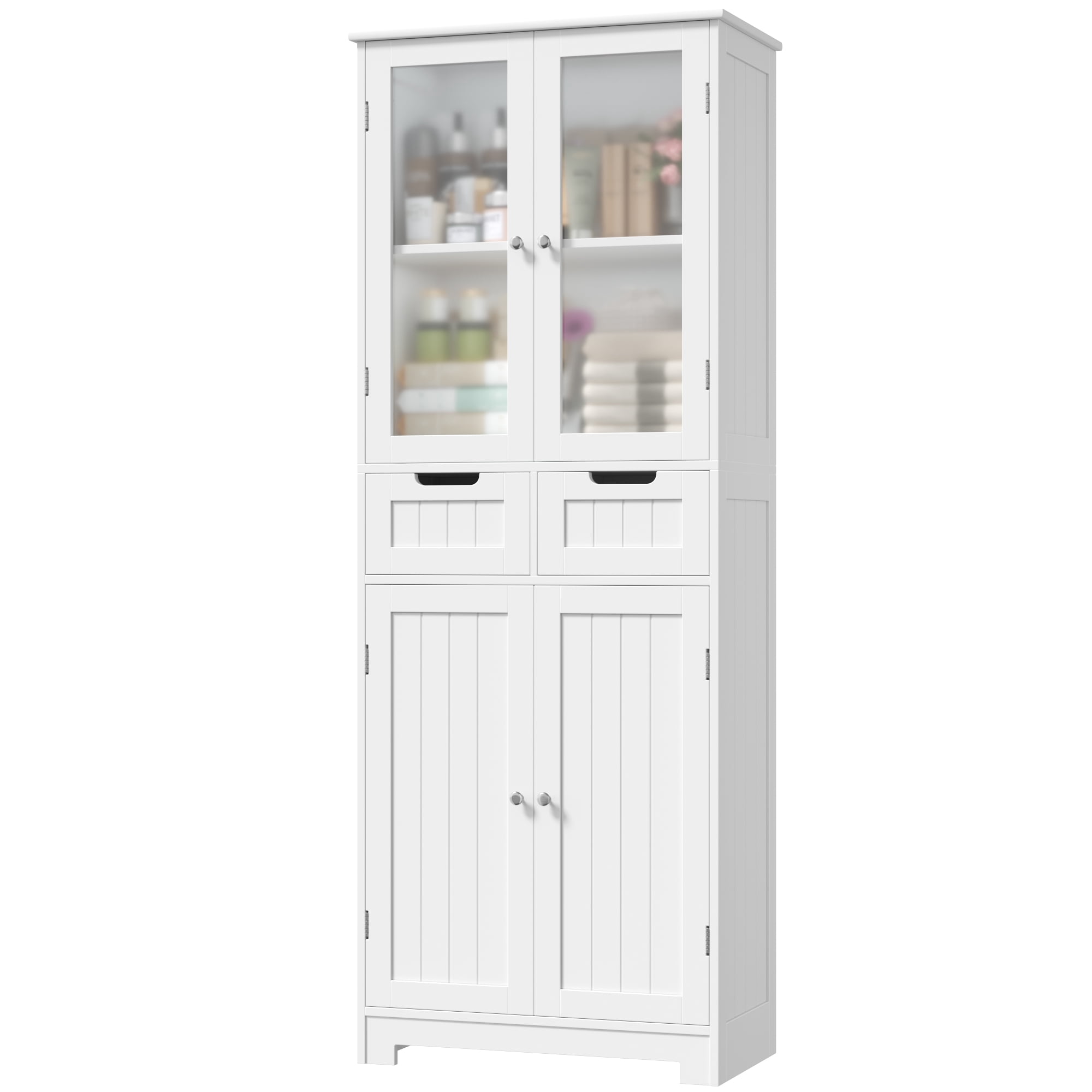 Homfa 4 Doors Bathroom Cabinet, 3-Tier Wood Tall Linen Storage Cabinet with 2 Drawers for Living Room Office, White