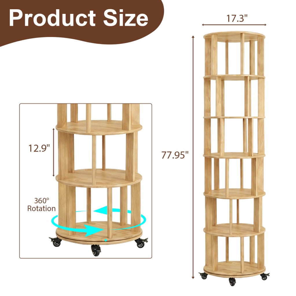 6-Tier Rotating Bookshelf, Solid Wood Spinning Bookcase Tower with Locking Wheels, 360° Display Round Bookshelf for Small Spaces, Natuarl