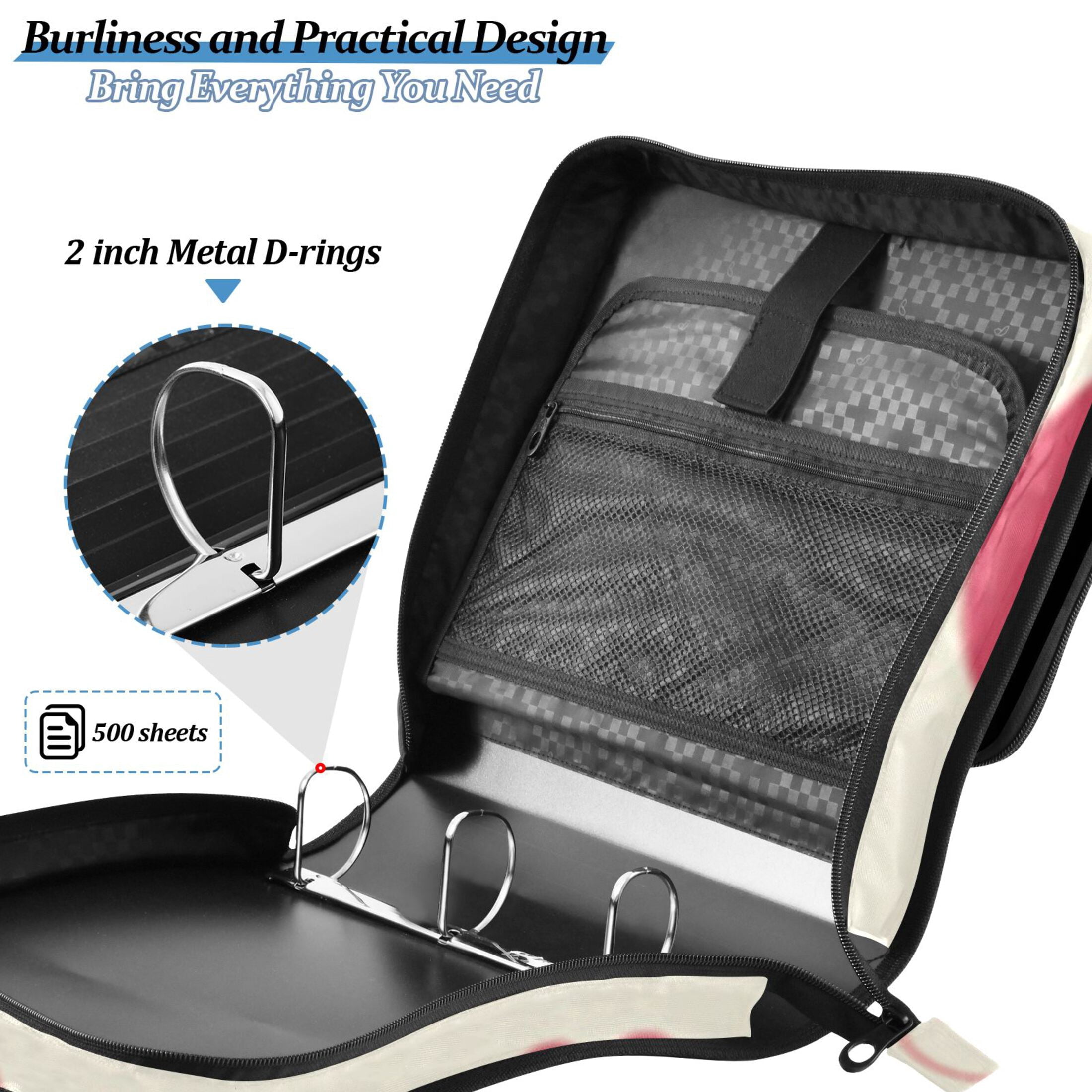 3 Ring Zipper Binder with Shoulder Strap Waterproof Trapper Keeper 2 Inch D-Ring 500 Sheets Capacity Heart on Circle