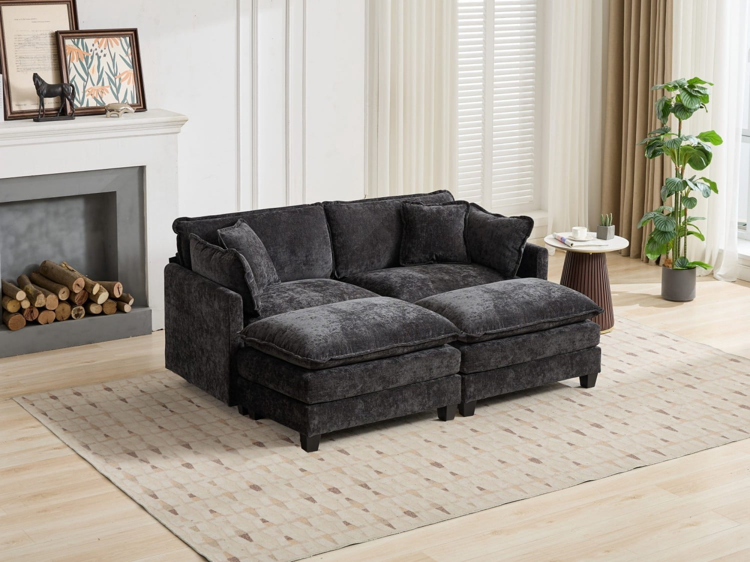 Cloud Sofa Ottoman, Modular Oversized Ottoman for Sectional Couch, Chenille Upholstered Footrest Stool for Living Room, Bedroom, Apartment, Black
