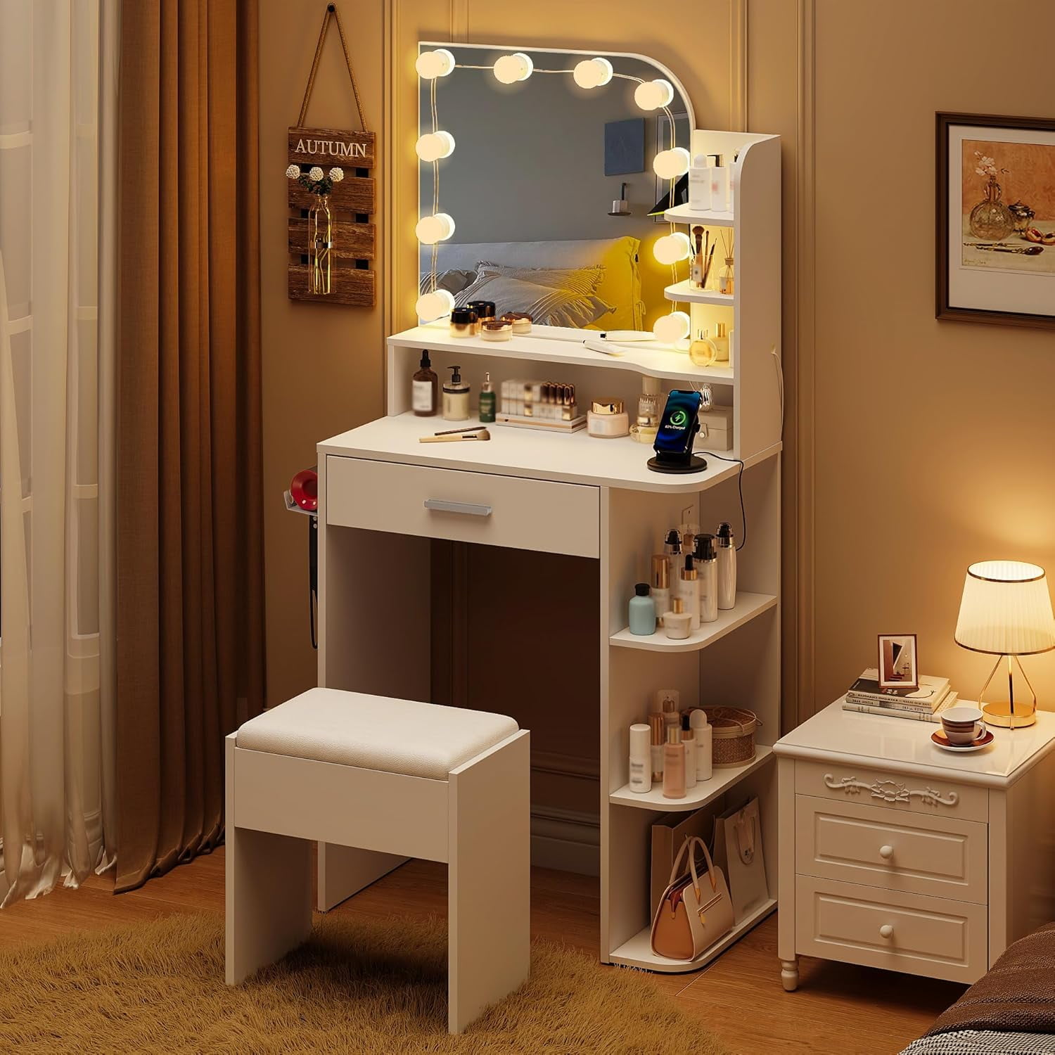 26.4" Small Makeup Vanity Set with Mirror and Lights, NEORIVER Modern Vanity Desk with Bench and Power Outlets