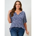 thumbnail image 4 of SHOWMALL Women's Plus Szie Tops V Neck Loose Fit Short Sleeve Indigo Clustered Blooms 3X Casual Blouse for Summer Relaxed Style Shirts Everyday Wear Outfit, 4 of 6