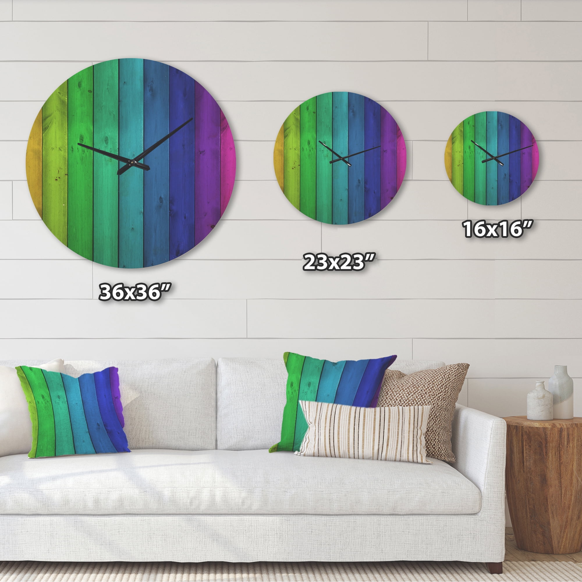 Designart 'Rainbow Colors On Wooden Planks' Modern Wood Wall Clock