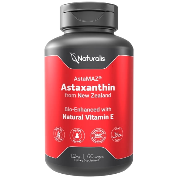 Naturalis New Zealand Astaxanthin (12mg) | Triple Strength with High-Oleic Sunflower Oil | Non-GMO, Soy & Gluten Free | 60 Softgels (2-Month Supply)