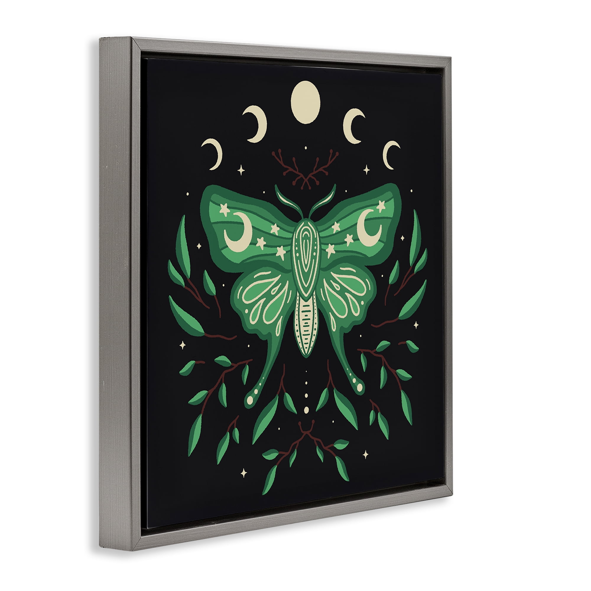 Stupell Industries Celestial Moth & Botanicals Animals Painting Gray Floater Framed Canvas Art Print Wall Art, 25 x 25