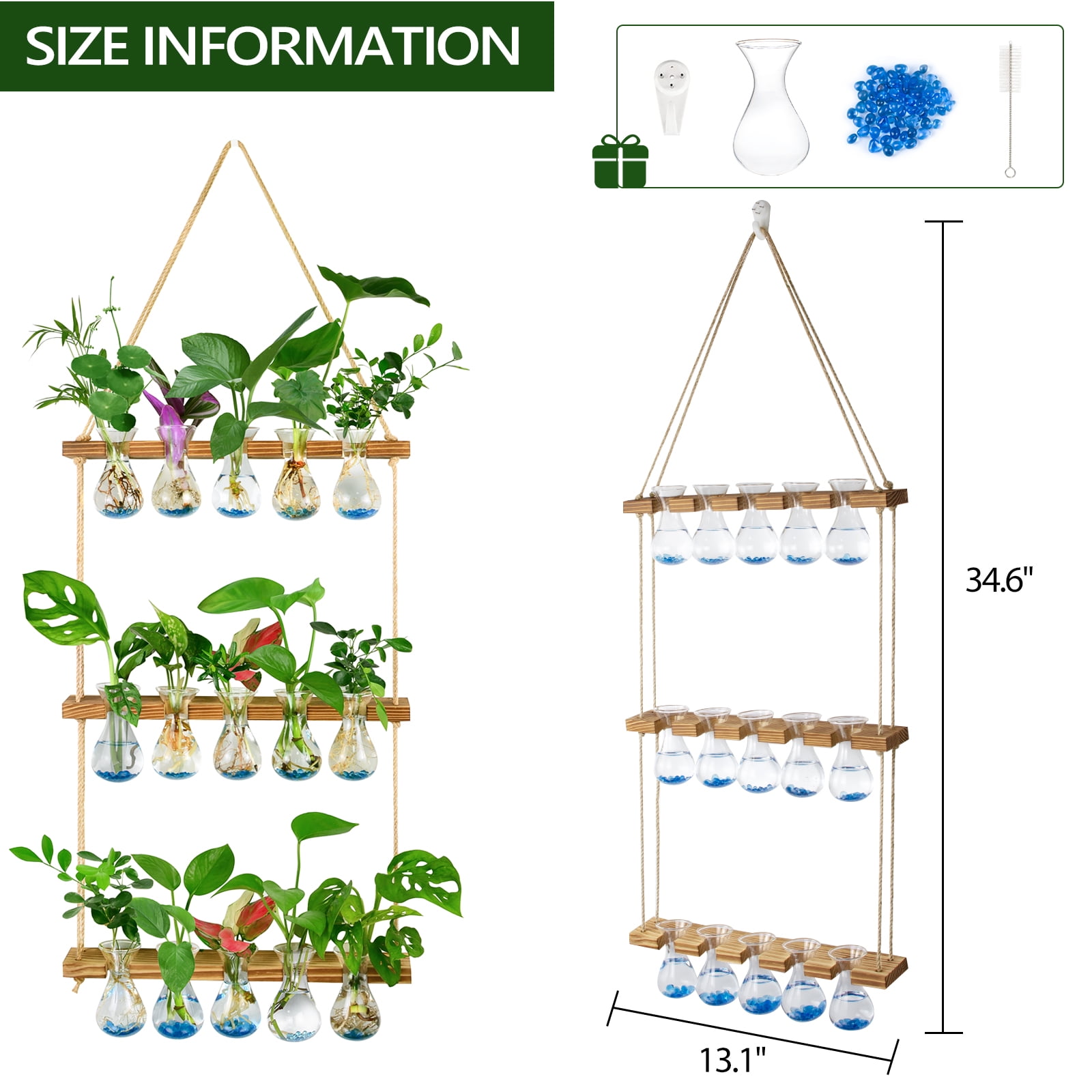XXXFLOWER Wall Hanging Propagation Station with Wooden Stand 5 Bulb Vase 3 Tiered Planters Wall Terrarium for Home Office Plant Hanger Flower Vases Wall Decor
