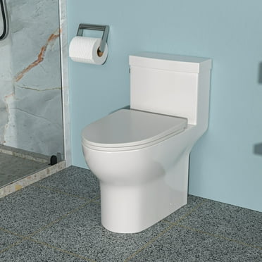 Elongated Toilet with Left-Hand Trip Lever, One Piece Toilet for Bathroom, Soft Closing Seat Include, Single Side Flush High Efficiency 1.28 GPF, 12'' Rough-In, White Toilet Bowl