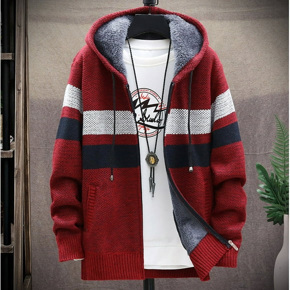 zanvin Casual Jackets for Men,Big Holiday Gift Clearance,Men Casual Patchwork Long Sleeve Knitting Hooded Cardigan Zipper