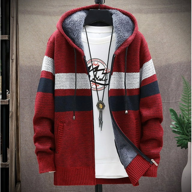 Mikilon Cardigan à Capuche en Tricot à Manches Longues Patchwork Décontracté pour Hommes avec Fermeture Éclair