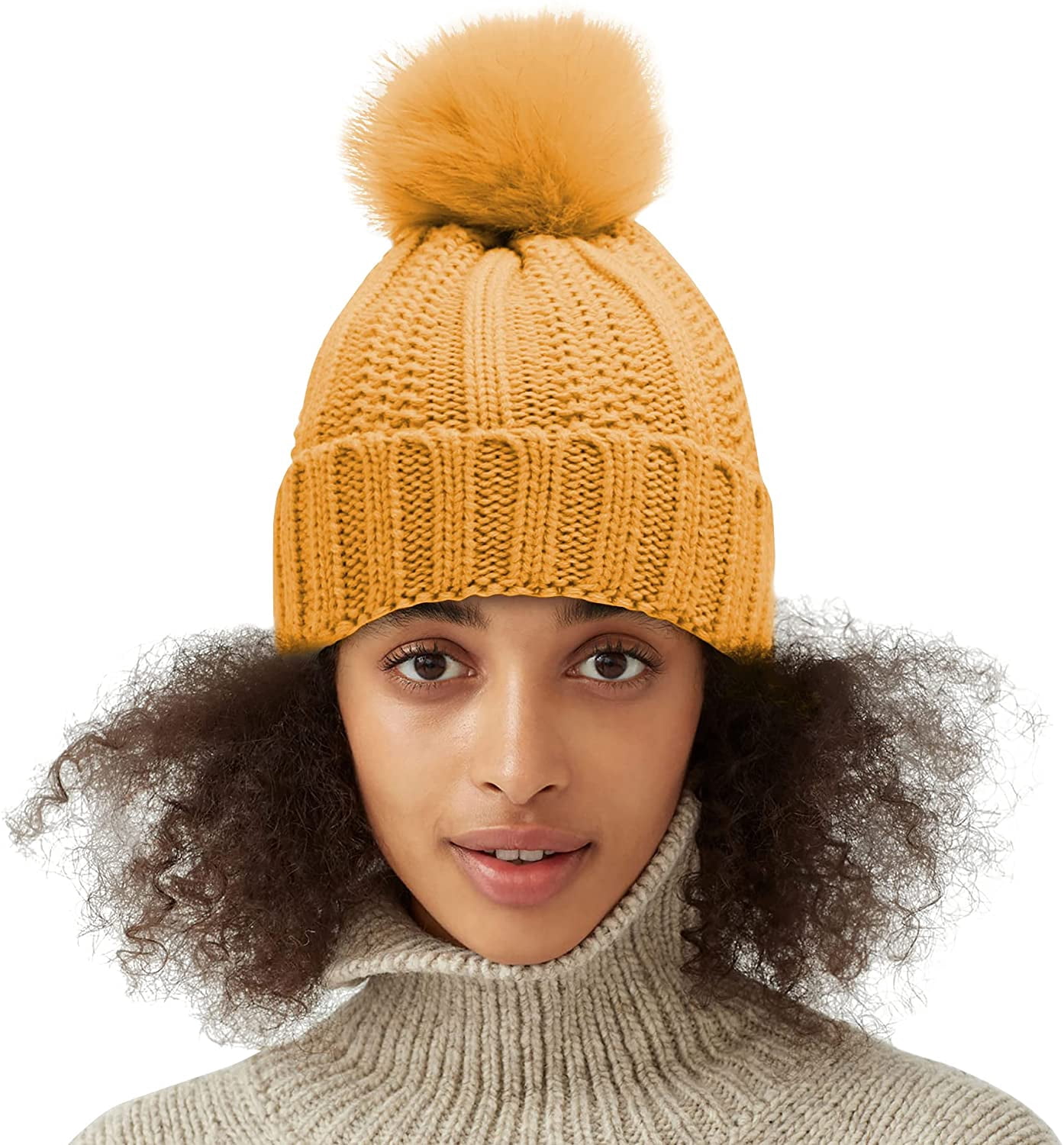 Muryobao Womens Satin Lined Winter Beanie Hat with Faux Fur Pom Cuffed Warm Knit Lined Female Winter Cap Muryobao Womens Winter Beanie Hat  main image 3