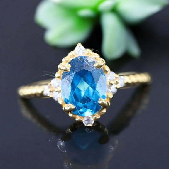 Oval Cut London Blue Topaz Ring Diamond Engagement Ring Yellow Gold Plated Prong Set Ring Christmas Gift For Her