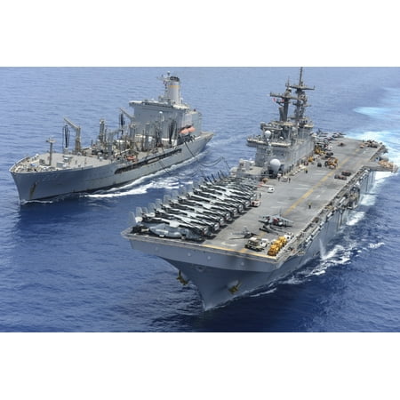Military Sealift Command Ships - Red Sea May 22 2013 - The Military Sealift Command fleet replenishment oiler USNS Laramie and the amphibious assault ship USS Kearsarge conduct a replenishment-at-sea Poster Print