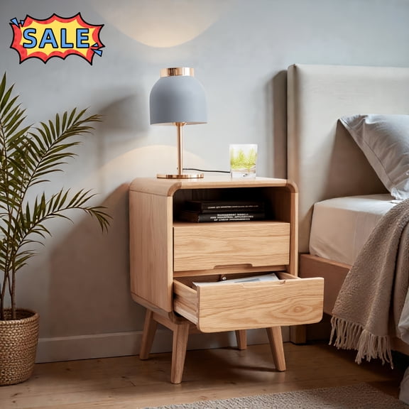 Tcbosik Solid Wood Night Stand, 16.5 inch Modern Side Table with Open Shelf and 2 Storage Drawers, End Table for Bedroom, Living Room, Natural