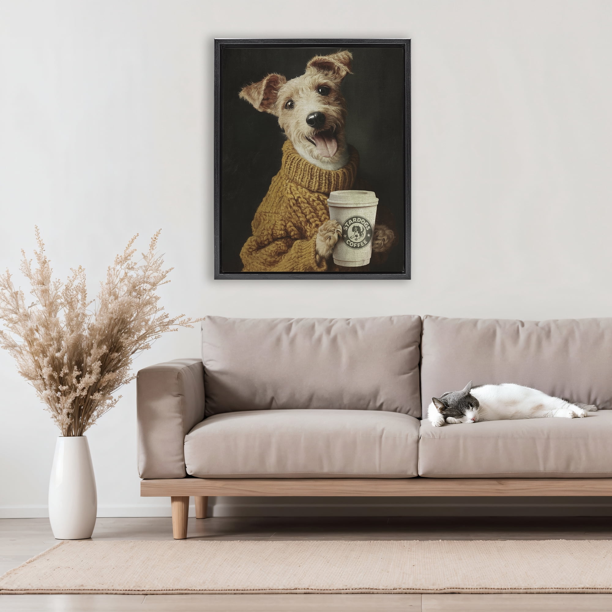 Stupell Industries Latte Lover Dog in Sweater Black Framed Floater Canvas Wall Art, design by Svetlana Aleynikova