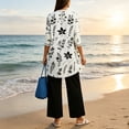 thumbnail image 5 of KDDYLITQ Womens Summer Outfits 3 Piece Open Front Long Sleeve Floral Jacket Matching Straight Leg Pant Vocation Casual Lounge Sets with Pockets White M, 5 of 6