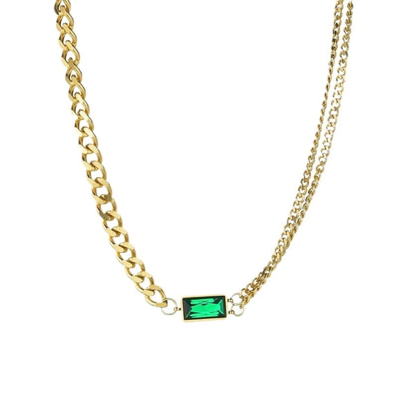 18K Personalized Green Stone Pendant Necklace Gold Plated Stainless Steel Link Chain Chunky Necklaces for Women