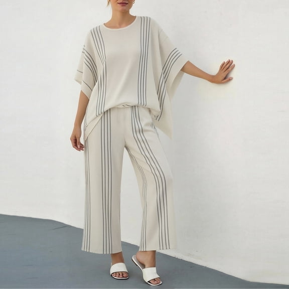 VBVC Women's Striped Batwing Sleeve 2 Piece Set , Beach Vacation Outfit For Women , Ladies' Wide Leg Pants Tracksuit with Pockets,White,S-5XL
