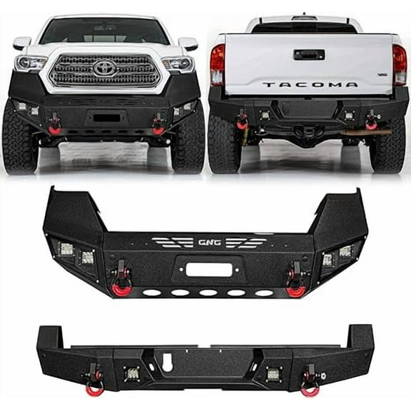 TIOYAR For 2016-2017-2018-2019-2020-2021-2022-2023 Toyota Tacoma Front and Rear Bumper Textured Black Steel With Winch Plate and Square Lights