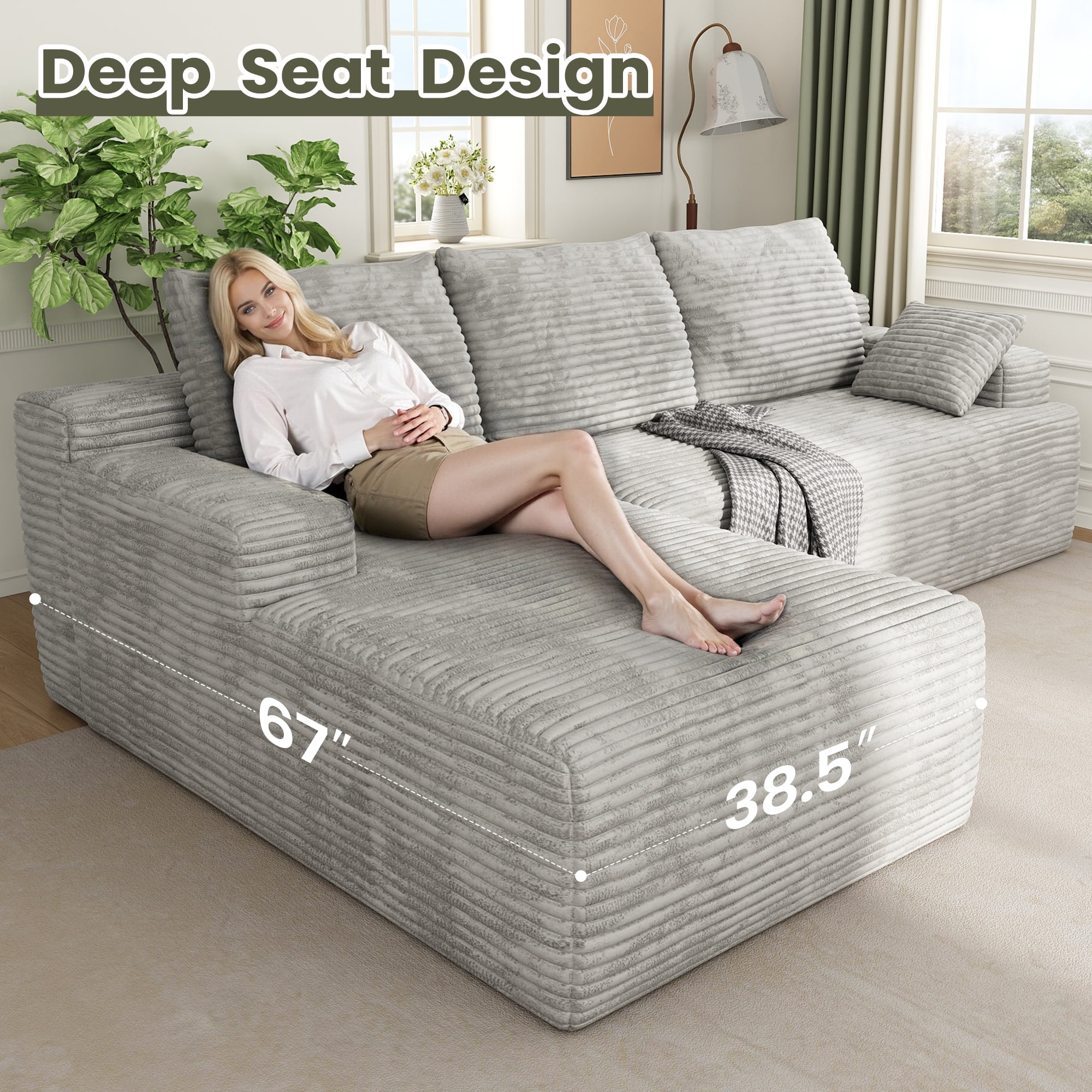 104" Cloud Sectional Couch with L-Shape Chaise, Modern Modular Sofa with Deep Seat, Upholstered Couches with Back Cushion for Living Room Bedroom, No Assembly Required, White Grey (Corduroy Fabric)