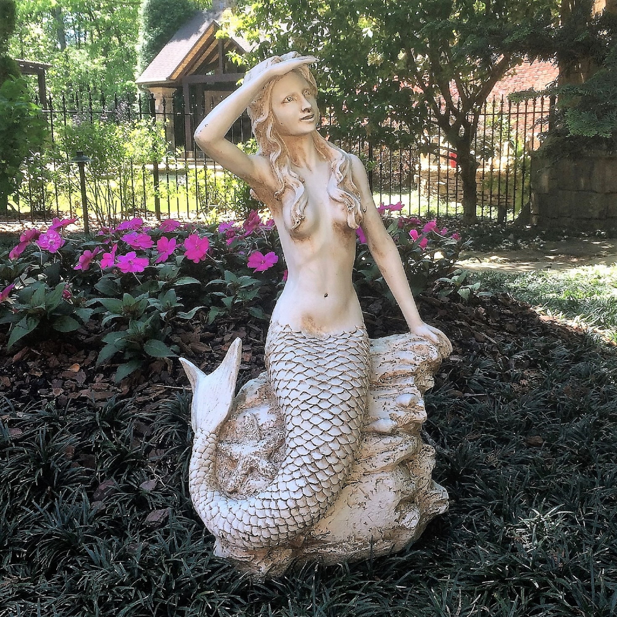 Homestyles 22 in. Antique White Classic Mermaid Sitting on Coastal Rock Looking Out to Sea Beach Nautical Extra Large Statue