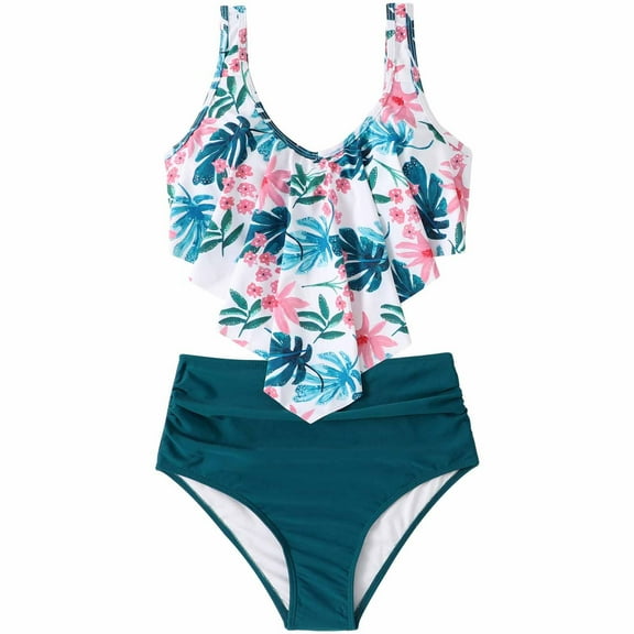 Utoimkio Family Swimsuits Matching Set Tummy Control Two Piece Bathing Suits Floral Print Ruffled Swim Tank Top with Bikini Swim Shorts Summer Tankini Swimwear