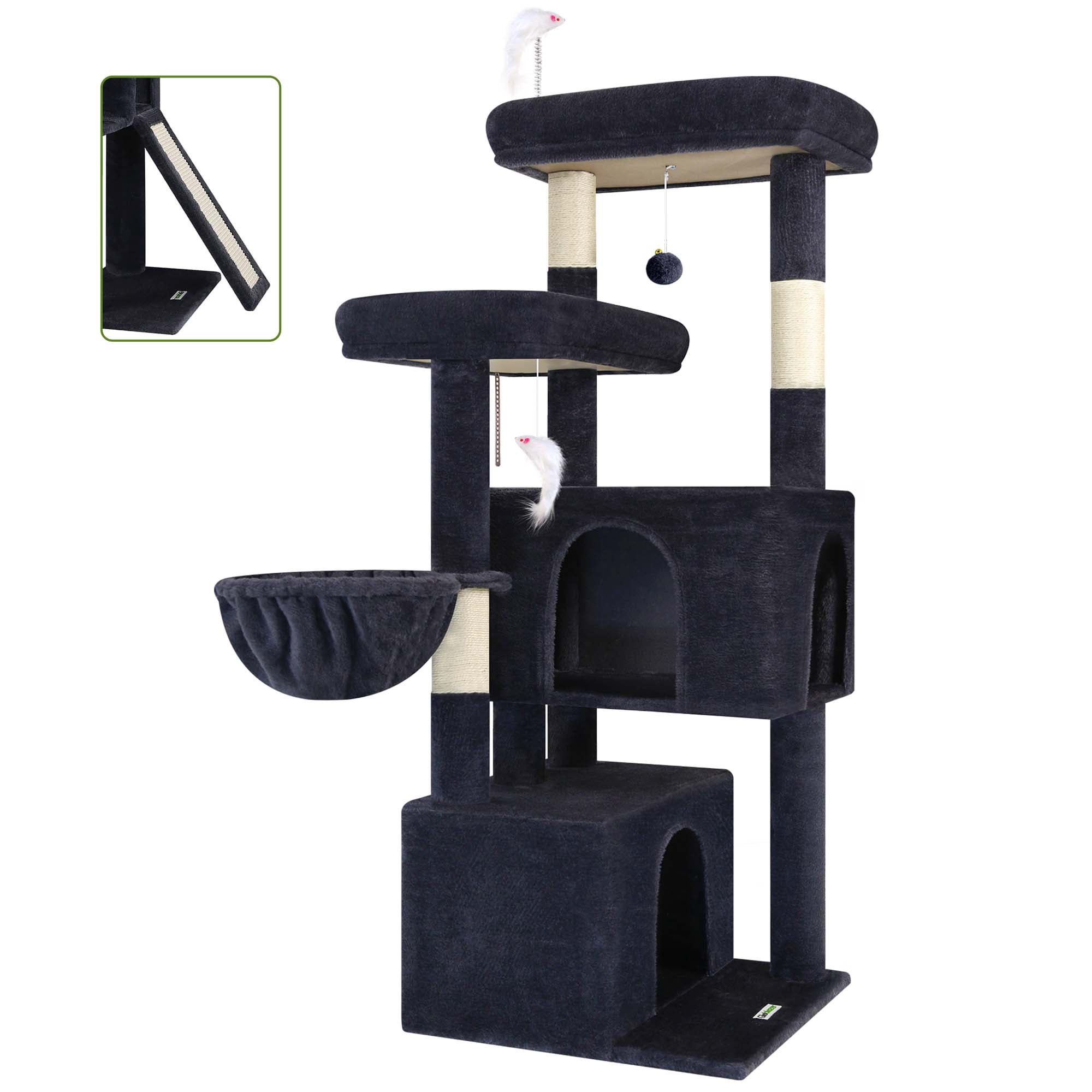 Cat Tree Tower with Scratching Post, 55" Plush Multi-Level Condo with 2 Caves & Basket, Dark Gray